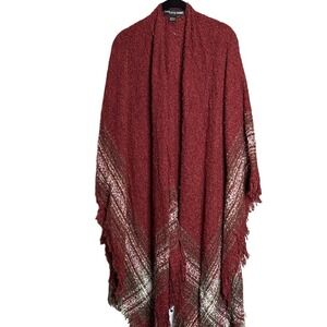 Charlotte Daniel Burgundy Plaid Fringe Boucle Knit Open Front Poncho Wrap OS